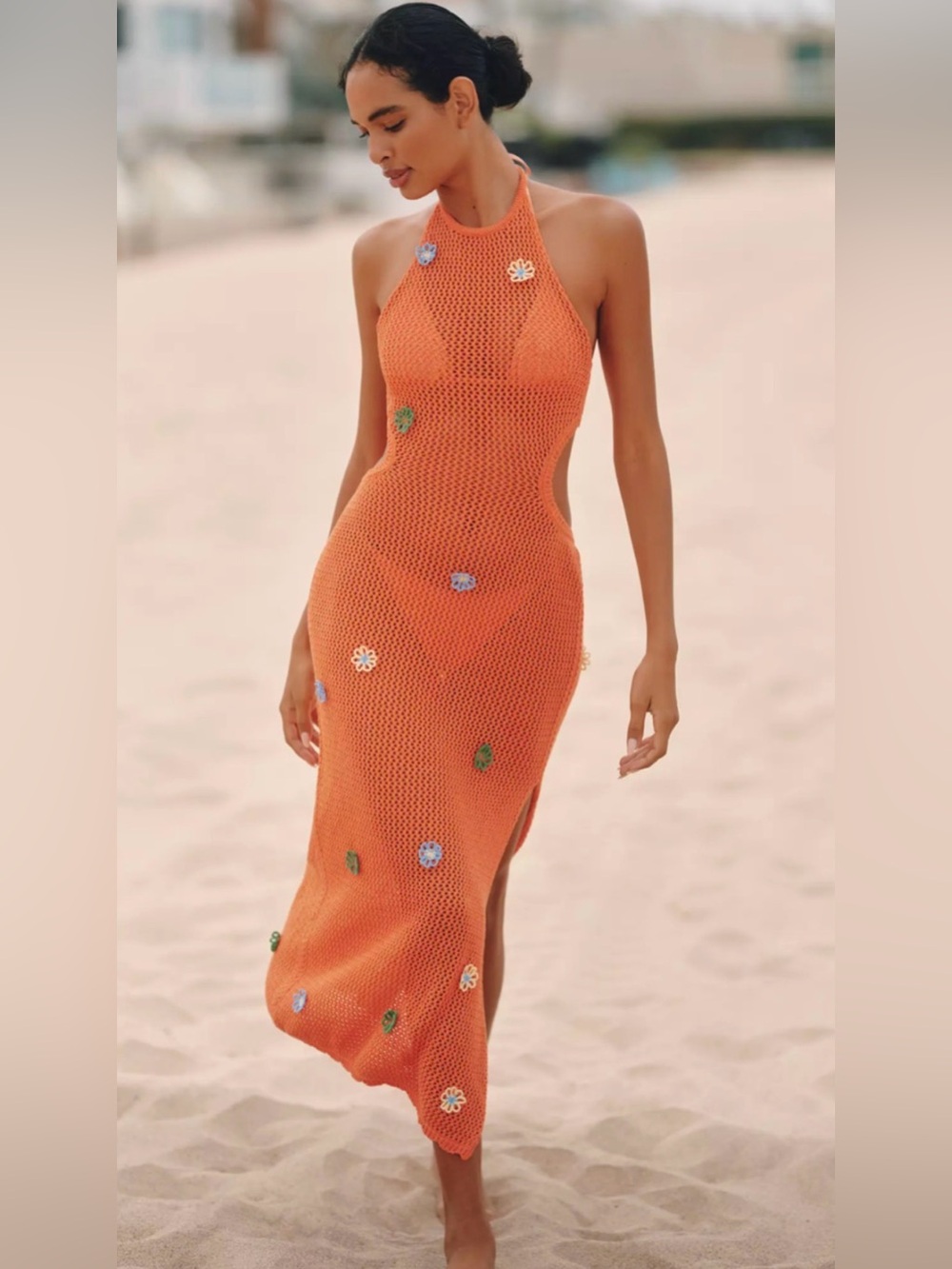 NEW CELANDINE ANTHROPOLOGIE CROCHET FLORAL HALTER DRESS SWIMSUIT SWIM COVER UP M